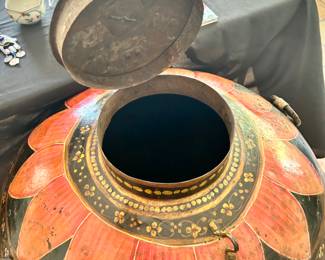Large vintage hand-pa8nted rice bin from India with handles and hinged top