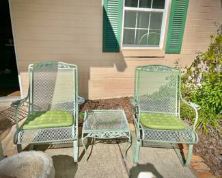 Vintage light green wrought iron several armchairs, footstools, tables, original cushions