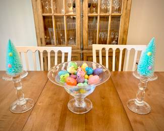 Restoration Hardware pedestal serving bowl and 2  candleholders