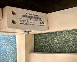 Ethan Allen 4 white wood chairs with blue upholstery - like-new condition