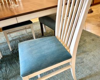 Ethan Allen 4 white wood chairs with blue upholstery - like-new condition