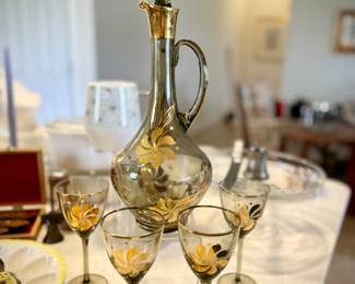 Vintage Bohemian decanter and 4 cordial glasses