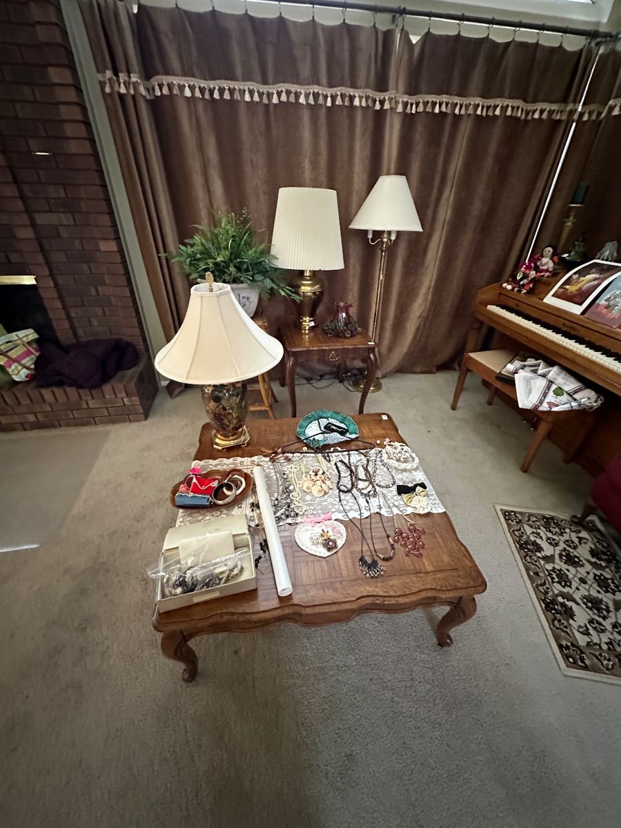 Costume jewelry, piano, end tables, coffee table