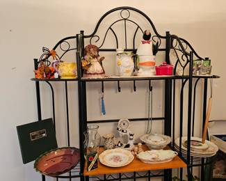 Baker's rack and dishes / jars / etc