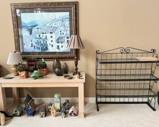 Tile Top Table, Glass and Metal Shelf, Vases, Birdhouses