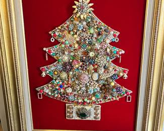 Christmas Tree Artwork Made of Brooches, Vintage Earrings