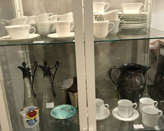 tea sets, cut glass antique carafes, silverplate trophy pitcher