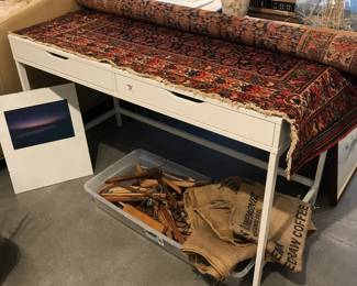 white ikea desk, vintage wood hangers, coffee bean sacks, vases