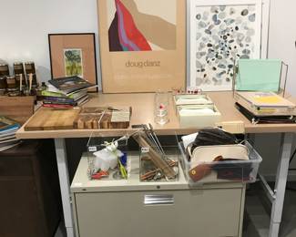 framed art, cook books, kitchen odds and ends, wood top an metal base custom worktable (metal file cabinet sold)