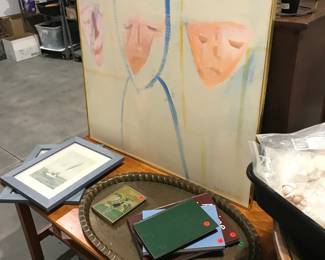 nuns painting, midcentury brass tray, wood coffee table