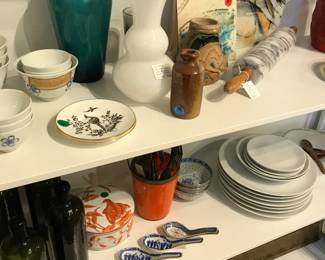 Scandinavian cased glass vases, antique whiskey bottles, modern white dinner plates, Japanese serving bowls 1940's, art