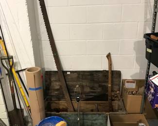 antique wooden box with tools, pair of fishing poles