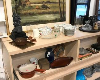 dishes, serving ware, landscape oil on canvas, antique clock, antique lamp