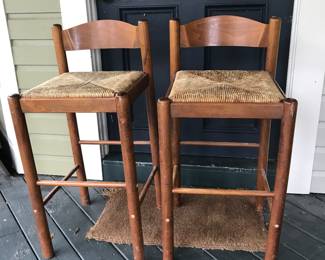 pair of vintage wood and paperchord seat bar stools