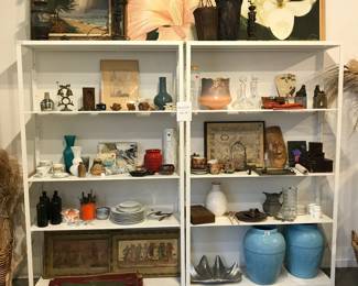 vases, original paintings on canvas, antique ikebana baskets, lamps, pair of blue floor vases