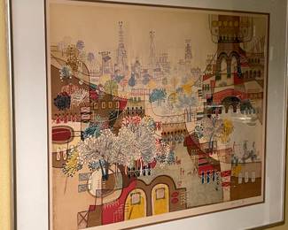 Artist: Heshi Yu, Chinese (1935 - ). Title: Golden City. Year: circa 1980. Medium: Serigraph, signed and numbered in pencil . Edition: # / 250. Size: 34 inches wide. Heshi Yu was born in Shandong, 1935. He graduated from the Art Department of National Taiwan Normal University. In 1946, he traveled to France to further his studies at l'Ecole Nationale SupÃ©rieure des Beaux-Arts in Paris. In 1968, he moved to New York and devoted himself to creation. A work of 1970s was selected by Lincoln Center to make a serigraph to celebrate the bicentenary of America