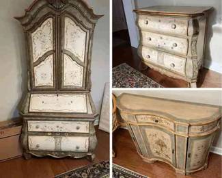 Floral Design Secretary Desk, Side Table, and Cabinet