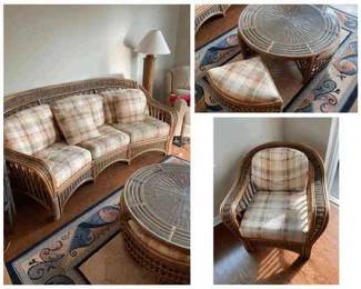 Wicker and Bamboo Couch, Chair, and Coffee Table Set