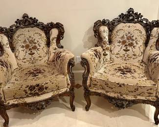 (2) Upholstered Carved Armchairs