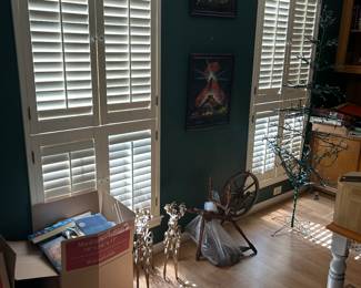 Books, wooden spinning wheel,art