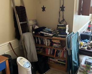 blanket ladder, fans, PC, books, heater