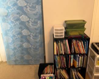 Craft table topper, books, bookshelves