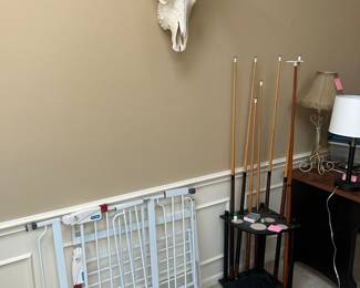 Cow skull, baby gate, pool sticks
