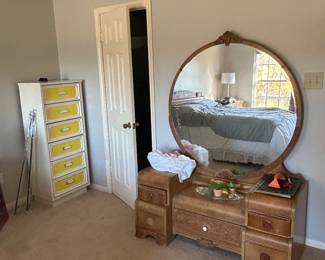 Vintage yellow chest of drawers, Antique Mirror and vanity