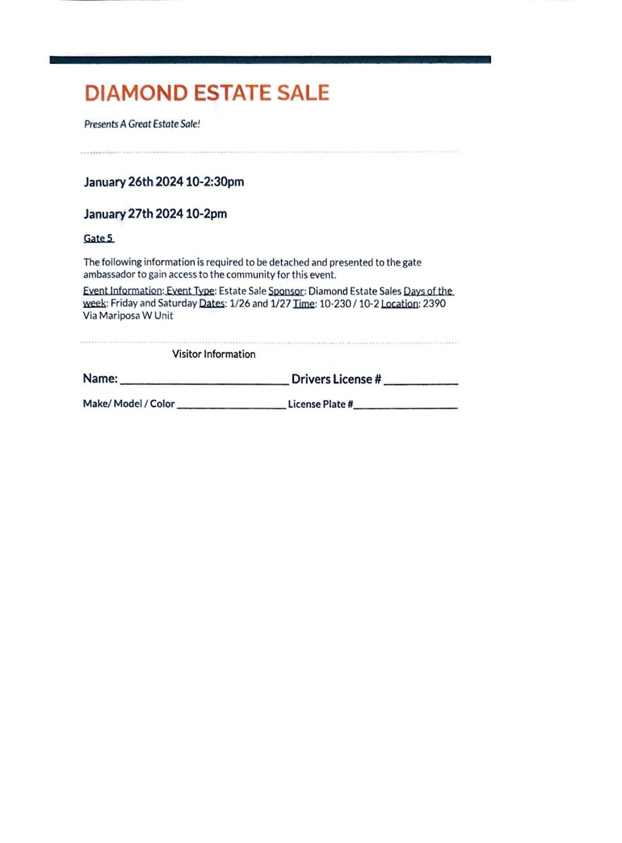 Must have form printed and filled out to get into the gate. No earlier than 10am to get into the gate. Gate 5. 

YOU WILL NEED TO PRINT OUT THE LAGUNA WOODS FORM, FILL IT OUT, AND PRESENT IT TO THE GATE, IN ORDER TO ATTEND THE SALE! FORM IS INCLUDED IN THE PICTURE FIRST PICTURE. WORTH THE EFFORT, IT'S A GREAT SALE!

