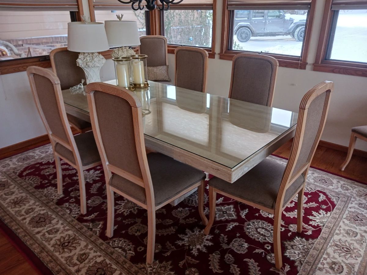Travertine dining table with six chairs
