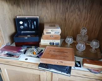 Waterford Crystal bar service, cigar boxes, cigar cutting tools