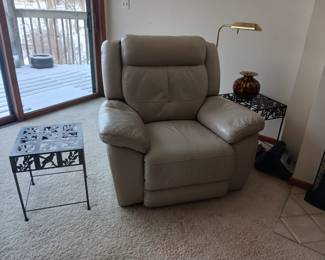 Leather Reclining oversized chair (has cat claw marks) and Metal end tables