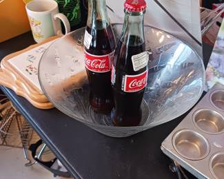 Vintage Coca-Cola bottles and Coca-Cola glass chip bowl