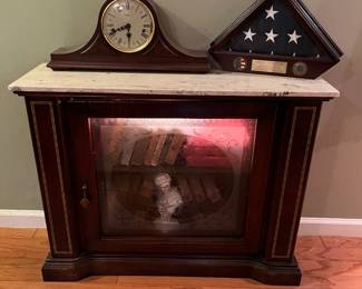 Marble top bookcase, lighted.  Mantel clock US American Flag/ US National Guard