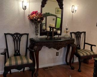 Foyer, entry table, mirror and 2 side chairs.