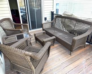 5 Piece Hampton Bay Rock Cliff Brown Wiker Set with Brick Red cushions.  