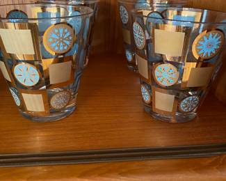 Mid Century Culver Gold/Turquoise Rock Glasses Set of 6 