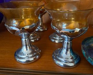 Mid Century Silver Plate Amber Glass Cordials