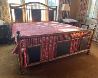 $1000 USD      Malacca Rattan Bamboo Milling Road British Collection King Bed MD219-29  Description:  British Colonial style queen size bed frame crafted in bamboo and bent bamboo with reed wrapped joints, lacquered panels with a crackle glaze, and bronze finials and feet.  Light Factory Distressing on faux bamboo and cracking on the black tortoise style insert panels. Both lower side rails have this black insert. These inserts typically have degradation, which is not the case with this frame.  This furniture is part of the Baker Furniture Milling Road Collection. Extremely High Quality Construction
Dimensions: 81 x 85 x 63"H
Condition: Good condition.  
Local pick up Bethesda, MD.  Contact us for shipper suggestions.    