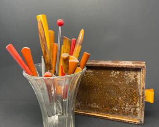 Vintage Bakelite Utensils and Wood Tray With Bakelite Handles