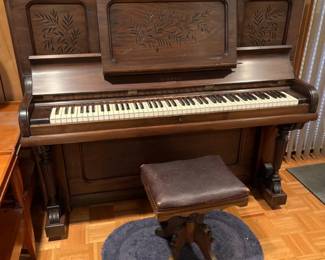 Antique Upright Kimball Piano w/ C. Parker Piano Stool & Books
