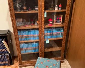 Victorian Tiger Oak Curio Cabinet and Footstool