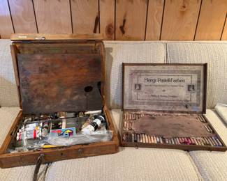 Antique Pastels and Winsor & Newton Travelling Paint Case w/Paint