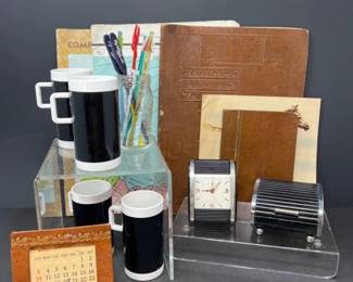 Mid Century Desktop Variety of Items - Braniff Airlines Cups - Westclox