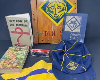 Mid Century Cub Scout Lot-Den Book, Cub Scout Books, Cap and Scarf