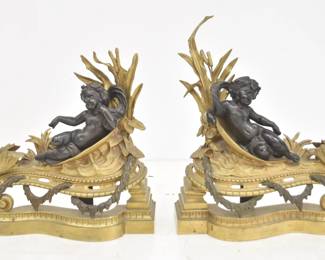 ATTR HENRI DASSON BRONZE FIREPLACE CHENETS 