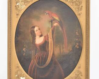 19THC OIL ON CANVAS GIRL WITH PARROT 