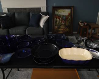 Casserole dishes, serving dishes, all in blue