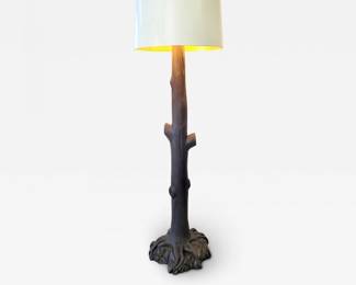 Tree Form Floor Lamp Distress Charcoal Finish and Gold Lined Shade