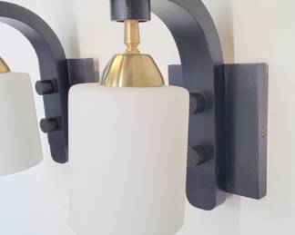 Pair of Contemporary Paul Marra Ebonized Oak Sconces With Painted Porcelain Shades